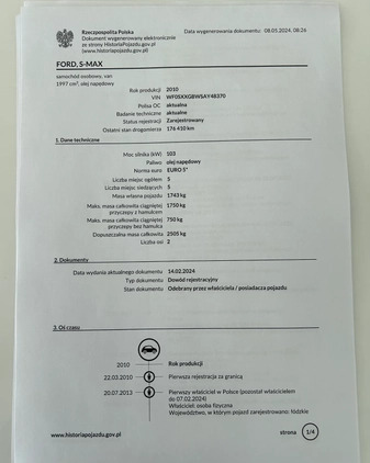 Ford S-Max cena 31900 przebieg: 176400, rok produkcji 2010 z Skępe małe 352
